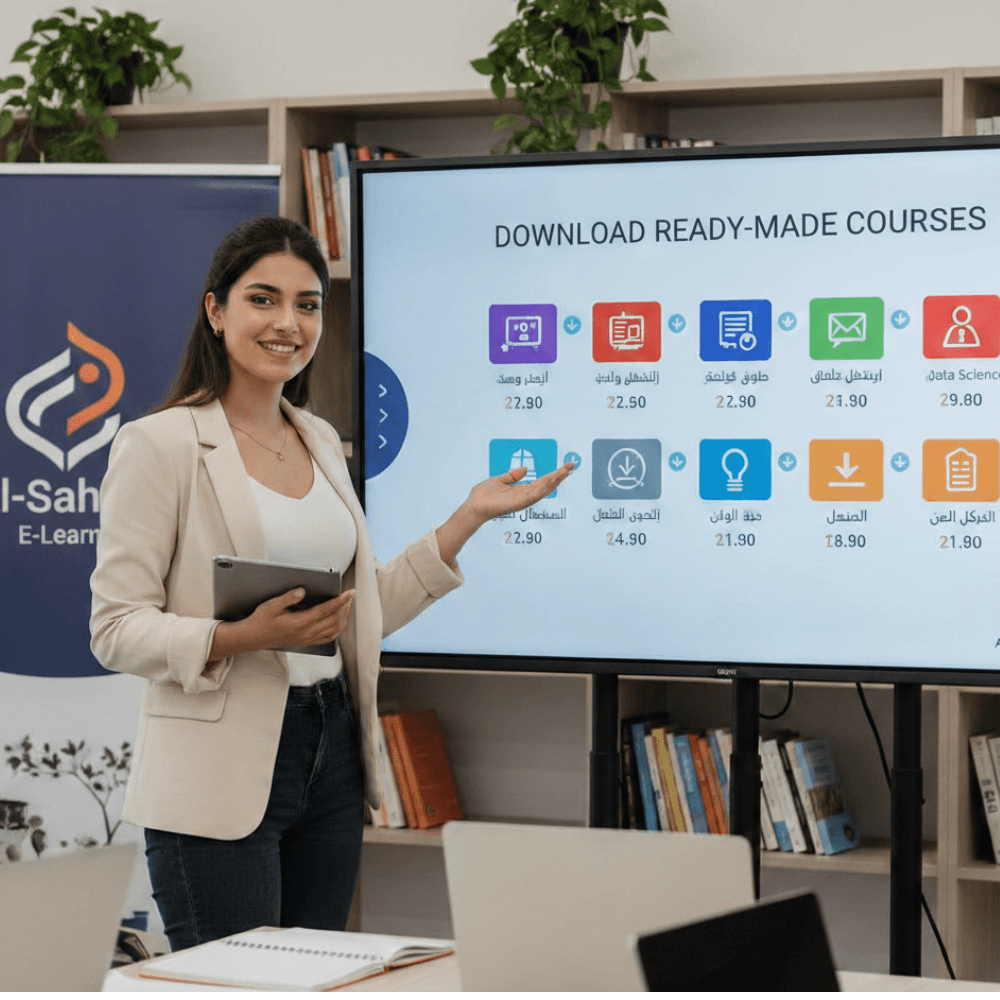 A woman presenting downloadable ready-made online courses on a screen, promoting online courses 2026.