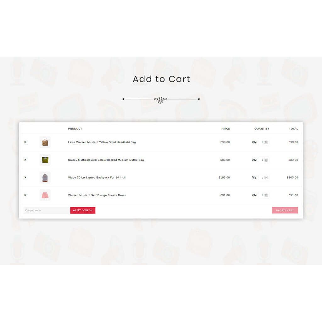Add to Cart section showcasing various products including bags and dresses with pricing and quantity options.