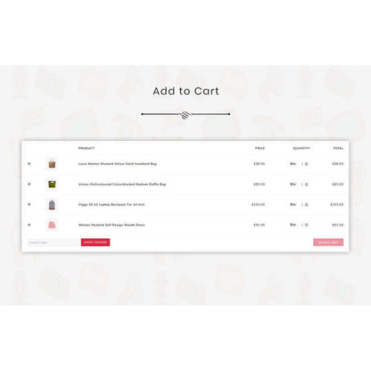 Add to Cart section showcasing various products including bags and dresses with pricing and quantity options.