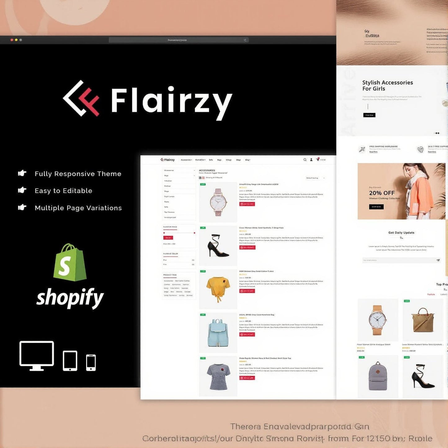 112+ Premium Shopify Themes Bundle showcasing Flairzy theme features like responsiveness, editability, and page variations.