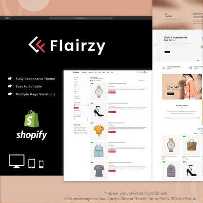 112+ Premium Shopify Themes Bundle showcasing Flairzy theme features like responsiveness, editability, and page variations.