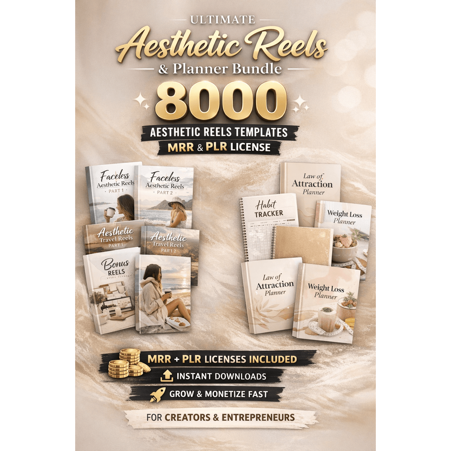 80000 AESTHETIC FACELESS RESOURCE PACK showcasing various aesthetic reels and planner templates for creators.