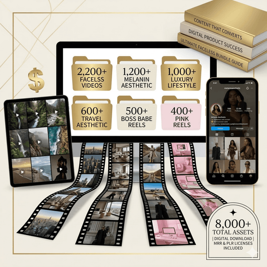 80000 AESTHETIC FACELESS RESOURCE PACK showcasing digital assets including videos and photos for creative projects.