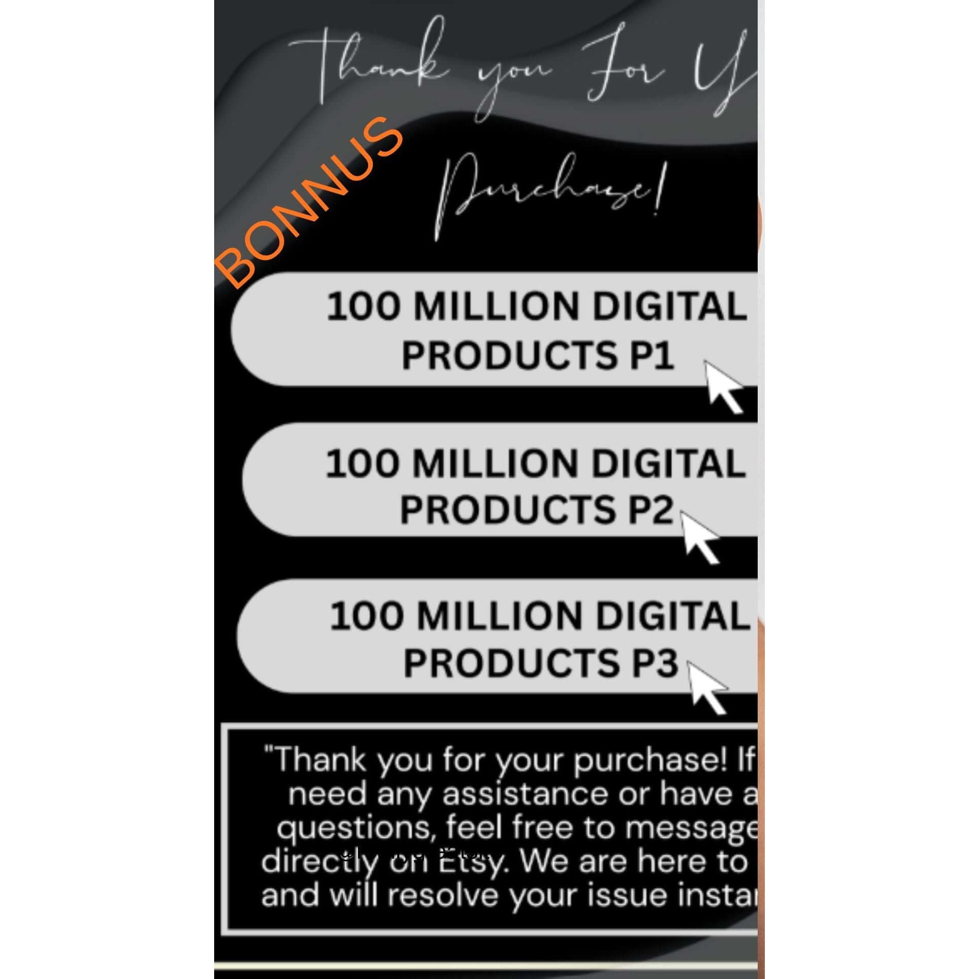 Thank you for your purchase! Includes 100 million digital products P1, P2, P3 and a bonus offer.